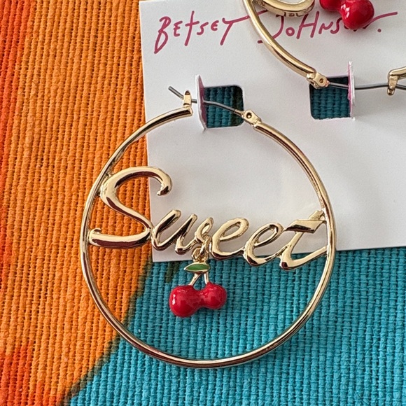 Betsey Johnson Gold Hoops with Red Cherry Accents - Picture 2 of 6